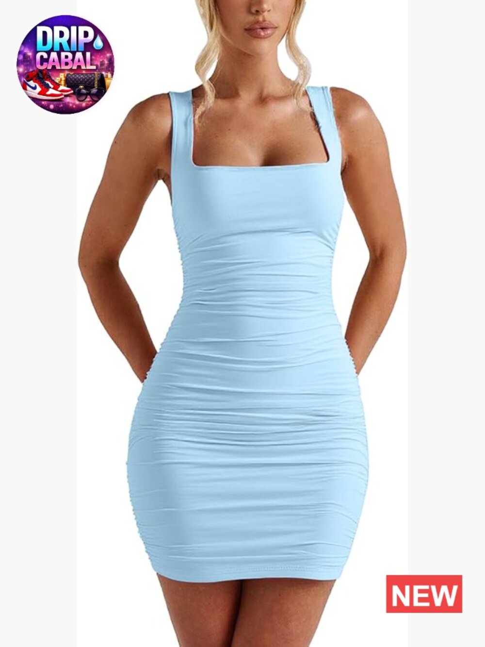 Women's Square Neck Ruched Bodycon Mini Dress Sleeveless Party Club Short Dress